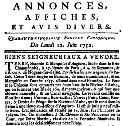advertisement for fiefs, 1752