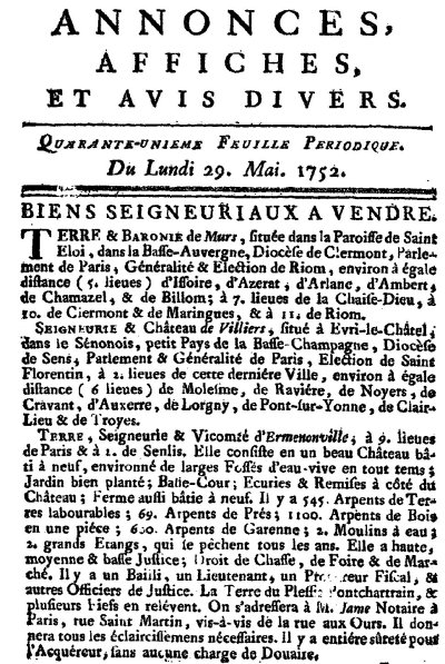 advertisement for fiefs, 1752